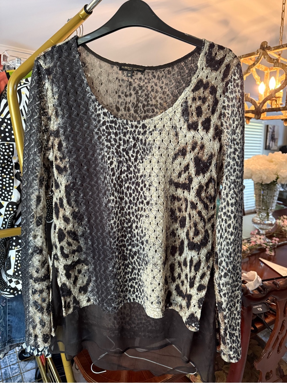 Alberto Makali Black and Cream Animal Print Long Sleeve Blouse